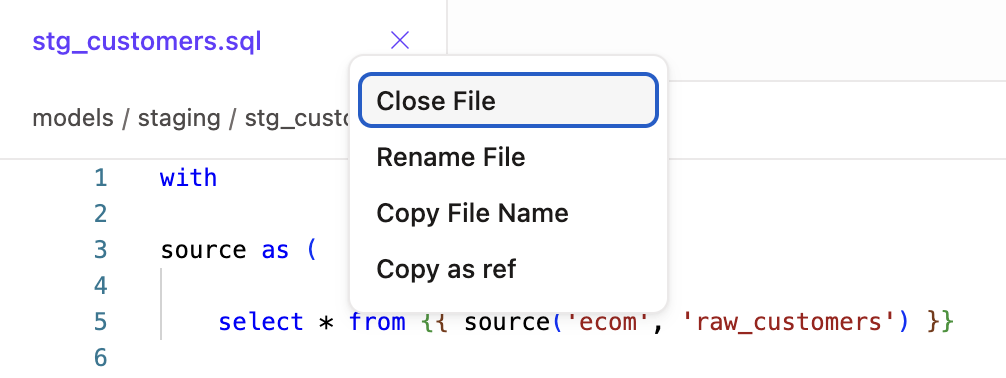 Right-click a tab to view the Editor tab menu options Right-click a tab to view the Editor tab menu options