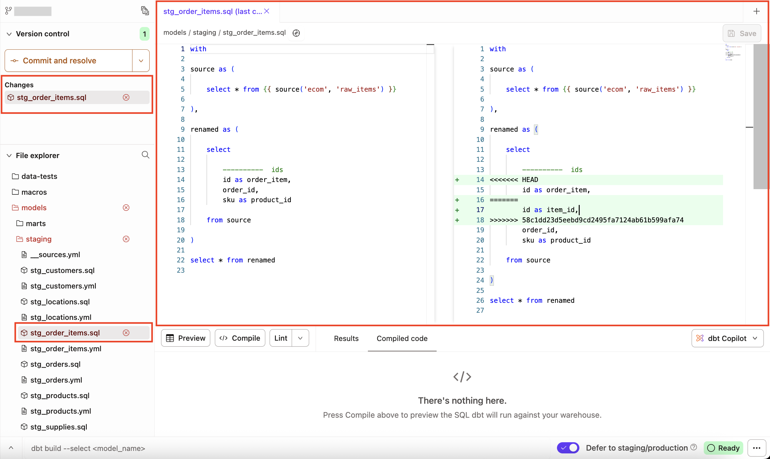 Conflicting section that needs resolution will be highlighted Conflicting section that needs resolution will be highlighted